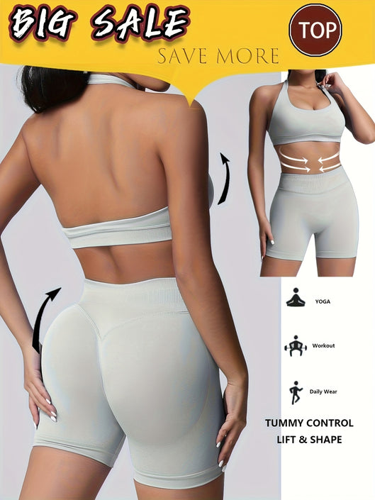 Women's Yoga Workout Set  Sports Bra High-Waist Shorts  Quick-Dry  Breathable