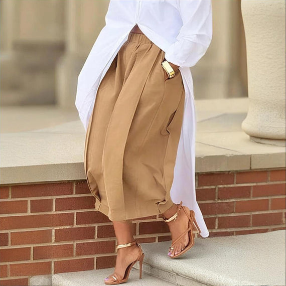 Women's Solid Color Cotton Wide Leg Cropped Pants With Pleats & Pockets - Spring Summer Fashion Comfortable Loose Trousers