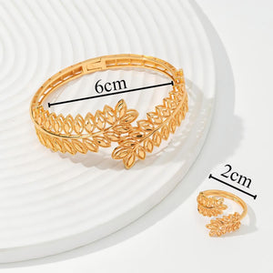 2cpsVintage Wheat Ear Leaf Gold Bracelet With An Open Ring, Worn By Women In Dubai, Africa For Daily Festivals, Wedding Accessories