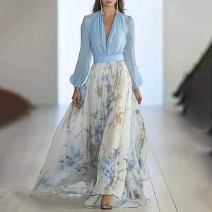 Women's Deep V-Neck Floral Print Boho Maxi Dress With Long Sleeves - A-Line Waist Ruffle Hem Dress For Spring&Summer Vacation