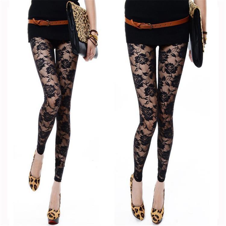 Sexy Tight Slim-fitting Ankle Length Trousers Solid Color Breathable Lace Rose Leggings