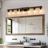 50” Rustic 7-Light Vanity Fixture | Industrial Bathroom Wall Sconce with Glass Shades & Wooden Accent | Modern Farmhouse Lighting (Bulb-Free)