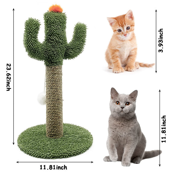 Cactus Shaped Cat Climbing Tree 2 In 1 - Solid Wooden Base - Natural Sisal Scratching Post With Suspended Ball Toys Indoor Cat Multi-Level Activity Center, Climbing, Claw Sharpening & Play All-in-One