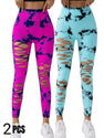 2 Pack New Style Hollow-Out Tie-Dye High-Waisted Tummy-Control Yoga Pants