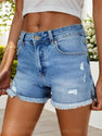 Women's Fashion Stretch Denim Shorts, Raw Edge Slit Design, Stretch Ripped Denim Shorts, Women's Denim Clothing