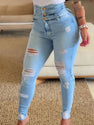 High Waisted Button Slim Fit Ripped Jeans - Made Of Light Blue Old Denim Fabric With Built-in Zipper, Elastic And Breathable, Street Style Jeans, High Waisted Jeans