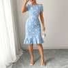 Women's Floral Jacquard Dress Women's Short Puff Sleeve Crew Neck Ruffle Hem Bodycon Dresses