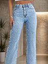 Washed Denim Women's Straight Leg Denim Pants, With Sturdy Nail Bead Decoration That Is Not Easy To Fall Off, Stylish And Elegant Style