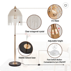 3-Light Elegant Crystal Floor Lamp  Vintage Waterfall Design With Cascading Crystal Beads And Marble Texture Base For Living Room, Bedroom, Or Office Decor  Bulb Not Included