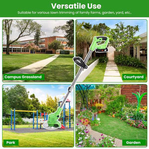4V 300W Cordless Grass Trimmer Rechargeable Lawn Mower 18000M-Min Weed Cutter With Saw Blade 2 Stainless Steel Blades 10 Plastic Blades 2 Rechargeable Batteries Goggles Gloves