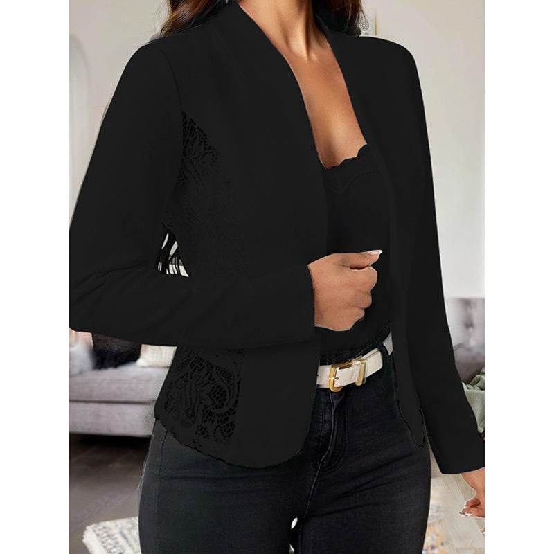 Women’s Lace Contrast Long Sleeve Open Front Cardigan Blazer – Stylish Casual Work Office Jacket