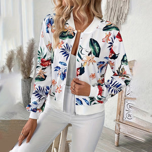 Women's Botanical Print Zip-Up Jacket | Stylish Round Neck Long Sleeve for Casual & Formal Spring/Fall Wear