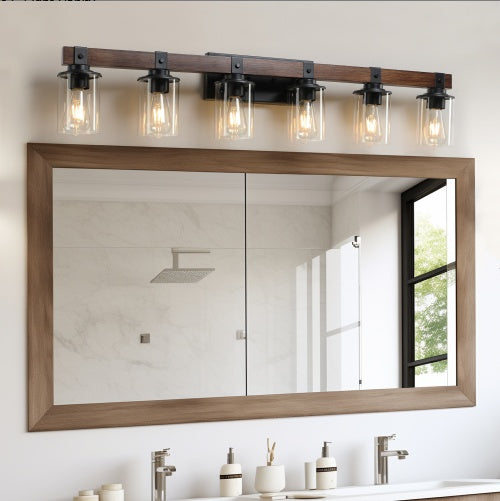 42” Rustic Industrial Vanity Light | 6-Light Bathroom Wall Sconce with Clear Glass Shades & Wooden Accents | Modern Farmhouse Lighting Fixture (Bulbs Not Included)