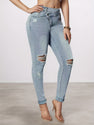 Tear Washed Denim Jeans, Women's Slim Fit Small Foot Design Slim Fit Denim Leggings, Equipped With A Beautiful Waist Belt