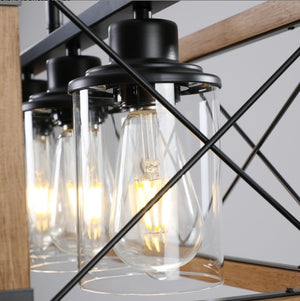 32 Walnut Industrial Farmhouse Rectangle Pendant Light, 5-Light Chandelier With Lampshades For Dining Room, Kitchen Island, Cafe Decor No Bulbs