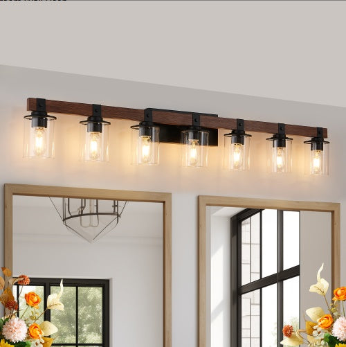 50” Rustic 7-Light Vanity Fixture | Industrial Bathroom Wall Sconce with Glass Shades & Wooden Accent | Modern Farmhouse Lighting (Bulb-Free)