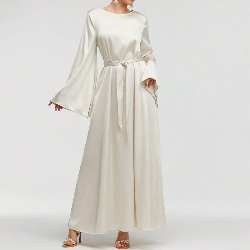 Elegant Solid Color Flared Maxi Dress – Round Neck, Long Sleeves with Pearl Cuff Detail | Modest A-Line Abaya Style for Middle Eastern Party & Vacation Wear