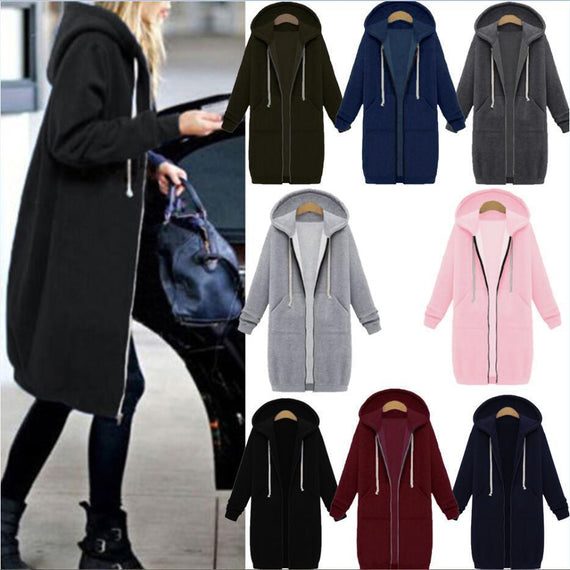 Hooded Long Sleeve Fleece Jacket – Cozy Longline Sweater Style