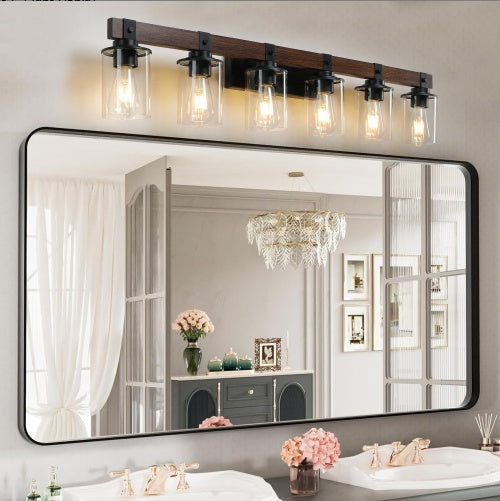 42” Rustic Industrial Vanity Light | 6-Light Bathroom Wall Sconce with Clear Glass Shades & Wooden Accents | Modern Farmhouse Lighting Fixture (Bulbs Not Included)