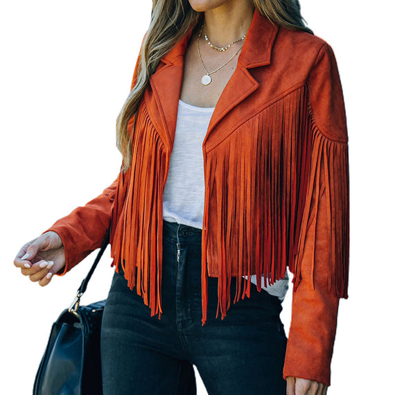 Women's Faux Suede Tassel Fringe Jacket | Open-Front Notched Collar Cropped Moto Style
