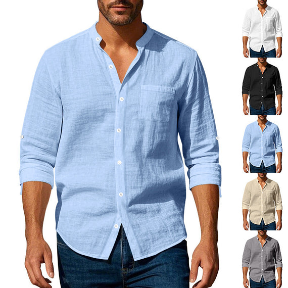 Men's Casual Long Sleeve Stand Collar Shirt with Pockets