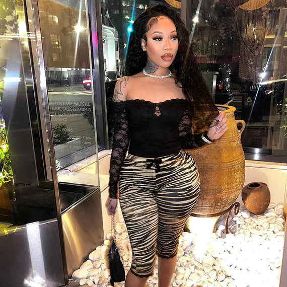 Sexy Lace Leopard Print Cropped Tight Straight-leg Pants