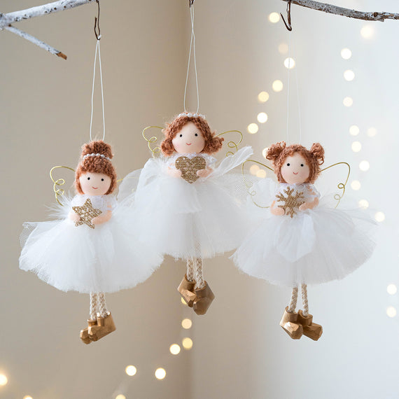 Christmas White Tulle Skirt Golden Wings Angel Girl Pendant