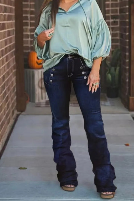 Women's High Waist Flare Jeans Western Cowboy Pants Fitted Below The Ankle With Metallic Buttons & Contrast Stitching For All Seasons