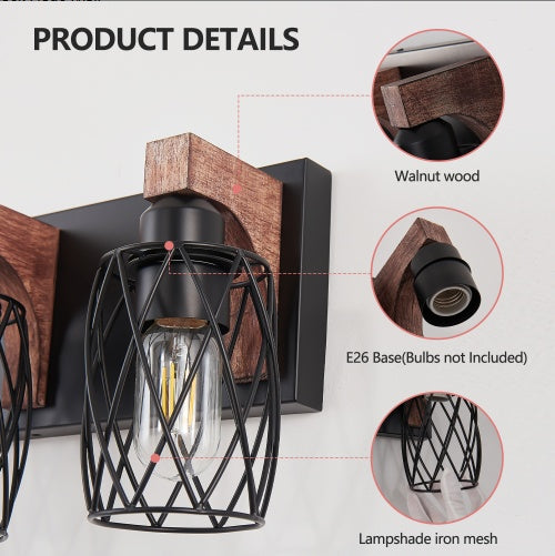 Industrial Vintage 3-Light Wall Sconce | Black Cage Design with Rustic Wooden Accents | Perfect Wall Lighting for Bathroom, Hallway & Living Room | Bulbs Not Included