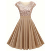 Elegant Women's Sequin V-Neck Pleated Evening Cocktail Dress with Cap Sleeves