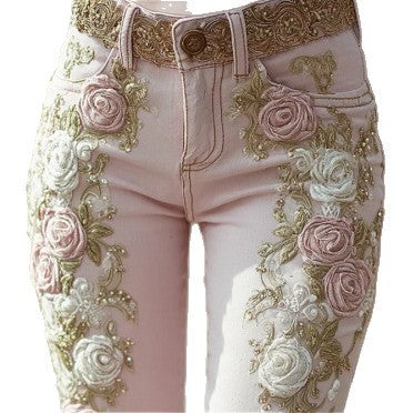 Women's Retro Pink Rose Embroidered Artistic Printed Jeans Elegant