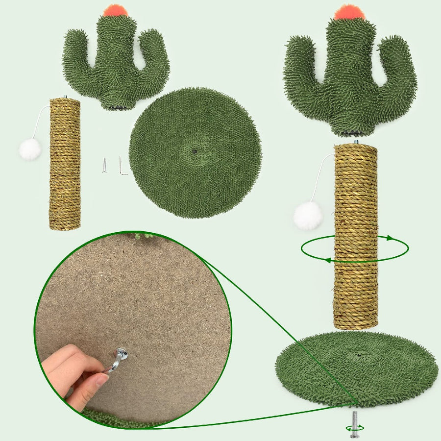Cactus Shaped Cat Climbing Tree 2 In 1 - Solid Wooden Base - Natural Sisal Scratching Post With Suspended Ball Toys Indoor Cat Multi-Level Activity Center, Climbing, Claw Sharpening & Play All-in-One