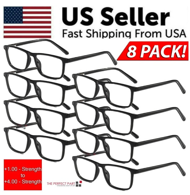 8-Pack Square Reading Glasses for Men & Women | Unisex Reader Eyeglasses