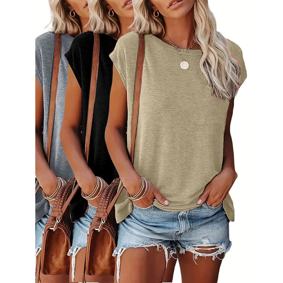 3-Pack Women’s Cap Sleeve Summer Tops | Basic Casual Loose-Fit Tees | 2025 Trendy Tank Style