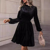 Graceful Stand Collar Solid Color Velvet Long Sleeve Dress