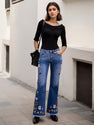 Ladies' High Waisted Slim Fit Bell Bottom Pants With Floral Embroidery Details, Lightweight And Comfortable Material - Breathable Elastic Denim Wide Leg Pants, The Best Choice For Elegant Fashion And
