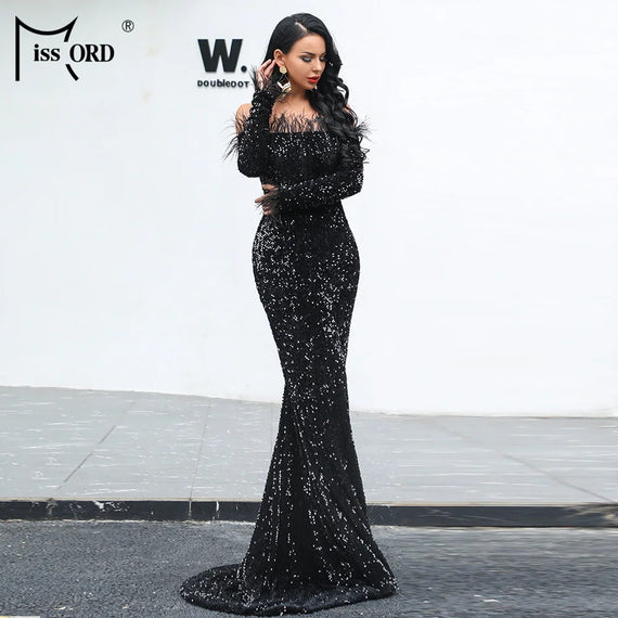 Women Sexy Off Shoulder Long Sleeve Feather Elegant Sequin Maxi Dresss