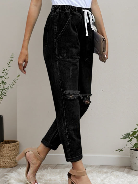 2025 New Women's Casual Set Wearing Distressed Stretch Jeans, Elastic Waisted Jeans, Denim Jogging Pants