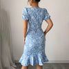 Women's Floral Jacquard Dress Women's Short Puff Sleeve Crew Neck Ruffle Hem Bodycon Dresses