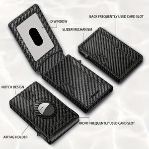 Men's Carbon Fiber RFID Blocking Bi-Fold Wallet With Pop-Up Aluminum Card Slot And AirTag Slot - Minimalist Black Credit Card Holder