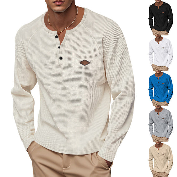 Waffle-Knit Quick-Dry Henley Raglan Long Sleeve Shirt with Buckle Detail