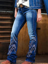 Women's Rhinestone Flare Jeans, Mid-Rise Stretch Denim With Geometric Studded & Embroidered Lower Leg, Bootcut Dress Pants