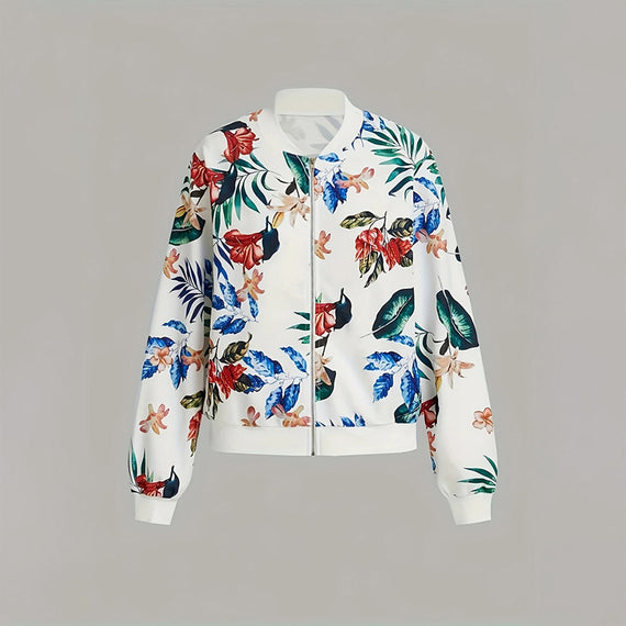 Women's Botanical Print Zip-Up Jacket | Stylish Round Neck Long Sleeve for Casual & Formal Spring/Fall Wear