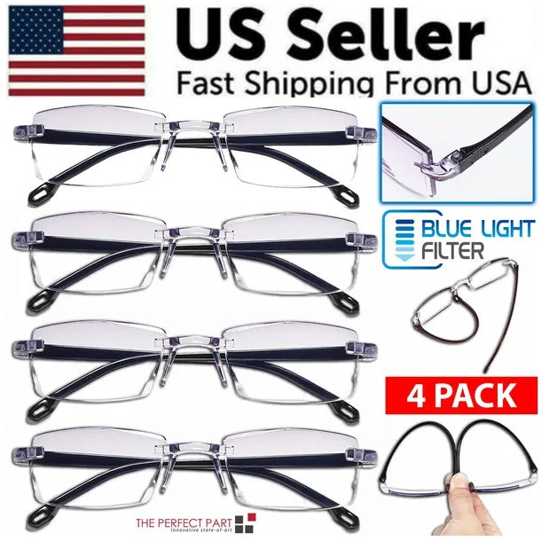 4-Pack Men’s Rectangular Rimless Blue Light Blocking Reading Glasses | Unisex Readers