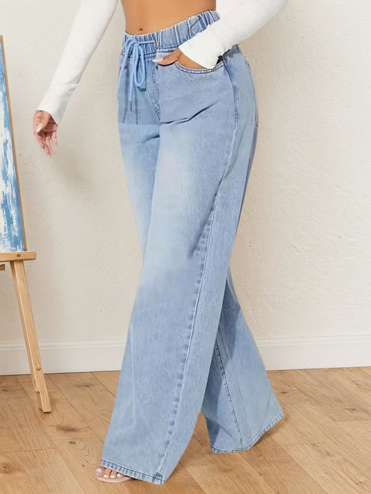 Women 2025 Casual Fashion High-waisted Denim Pants, Drawstring Design Loose Version Of Mopping Pants