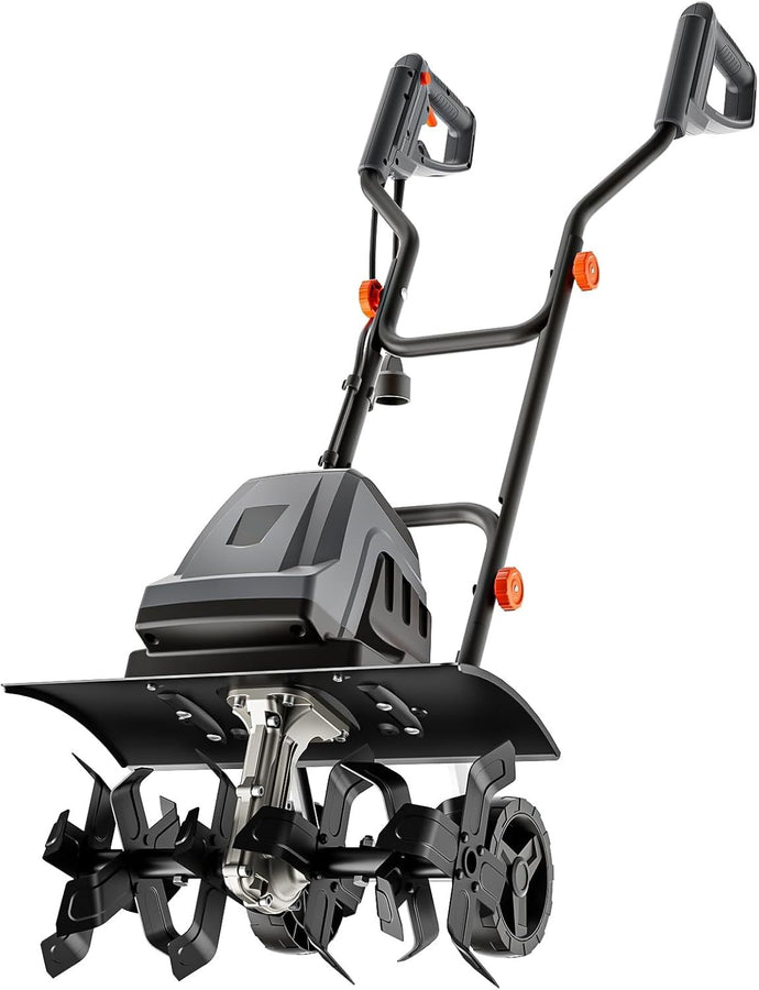 Electric Garden Cultivator, 15 Amp, Rope Spinner With Adjustable Wheels And Foldable Handle And Safety Switch For Soil Cultivation