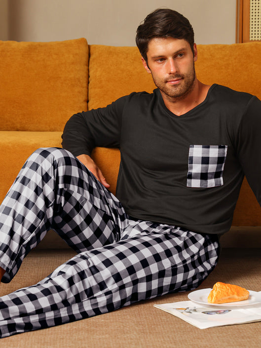 Men's Polyester Long Sleeve Pajama Set with Trousers – Comfortable & Stylish Sleepwear