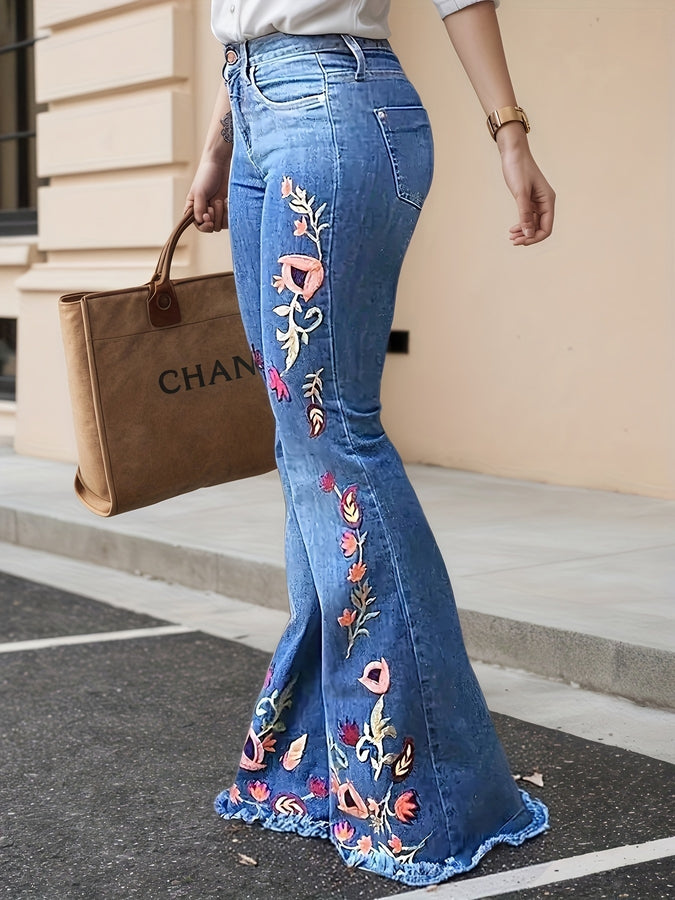 Ladies' High Waisted Slim Fit Bell Bottom Pants With Floral Embroidery Details, Lightweight And Comfortable Material - Breathable Elastic Denim Wide Leg Pants, The Best Choice For Elegant Fashion And