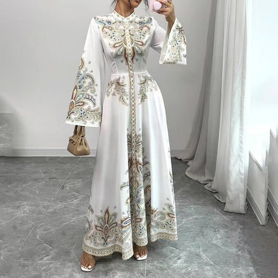 Elegant High-Neck Floral Maxi Dress – Long Flowy Sleeve Modest A-Line Gown, Middle Eastern Style Vacation & Party Wear for Women