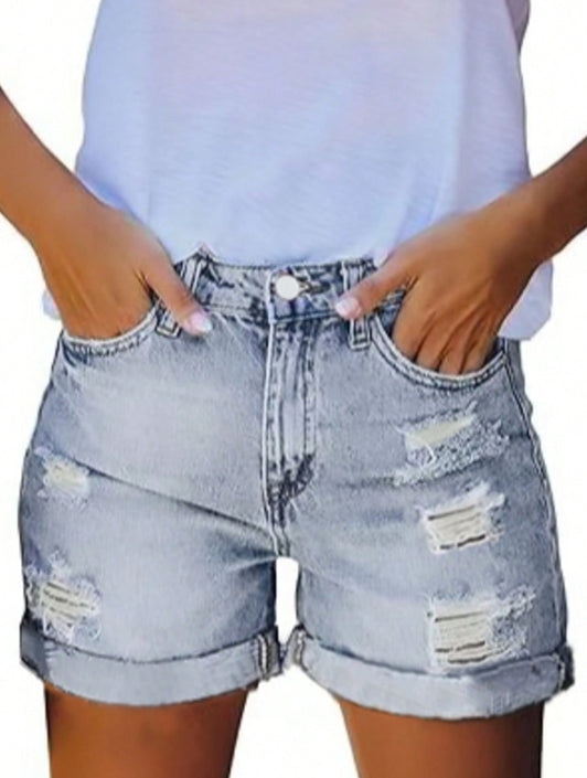 Women’s Distressed Mid-High Rise Ripped Jean Shorts – Stretchy, Stylish Denim